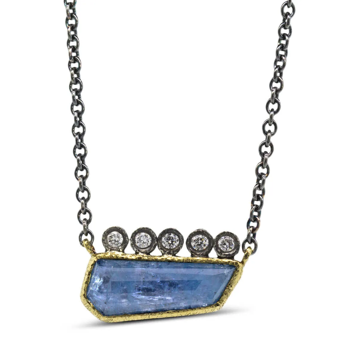 Crowned Free-form Geo Cut Aquamarine Pendant Necklace with diamonds