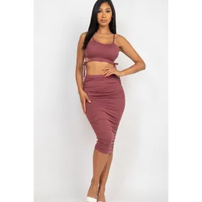 Cut-out Tie Side Crop Top & Ruched Midi Skirt Set