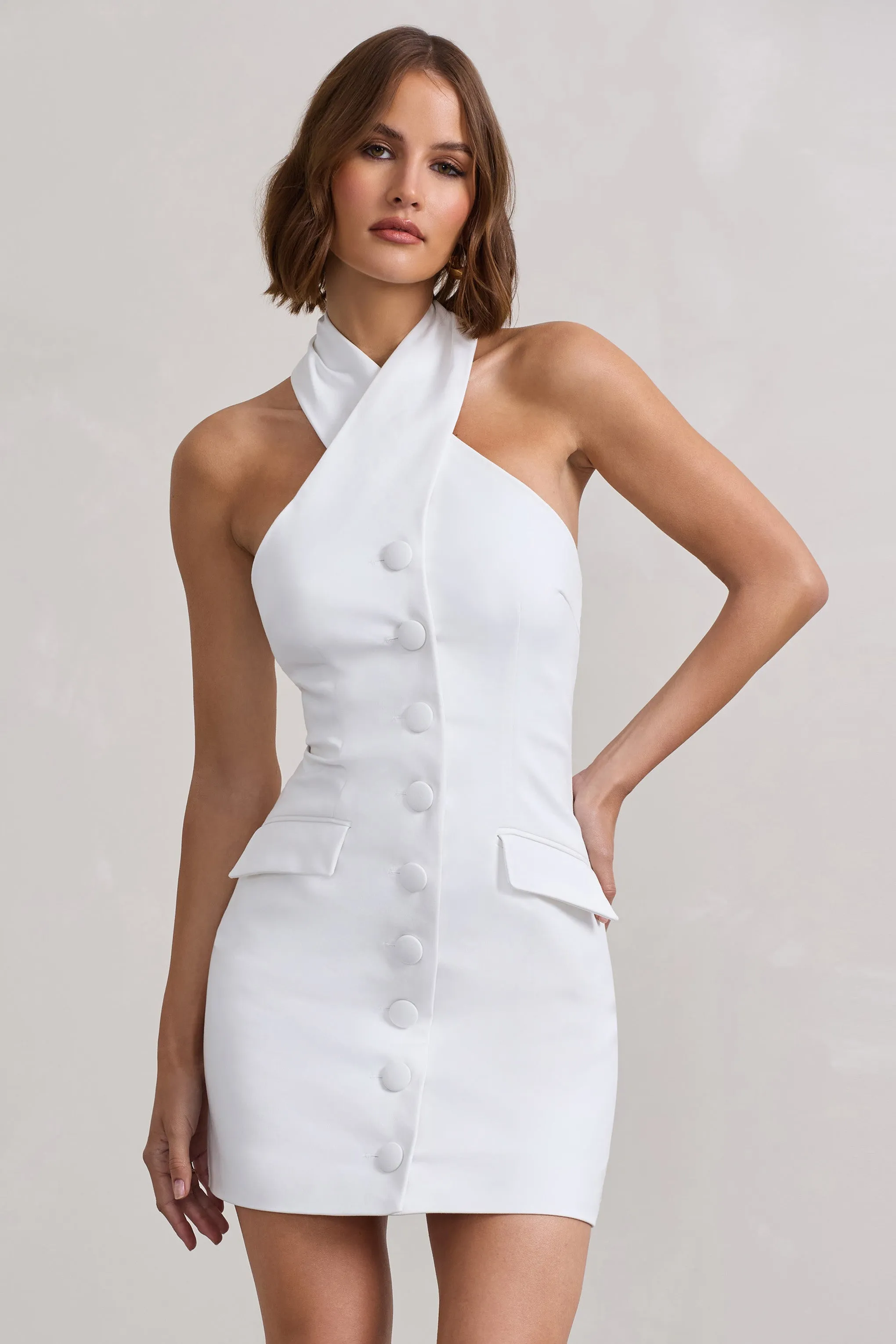 Dani | White Halter Neck Tailored Buttoned Bodycon Mini Dress