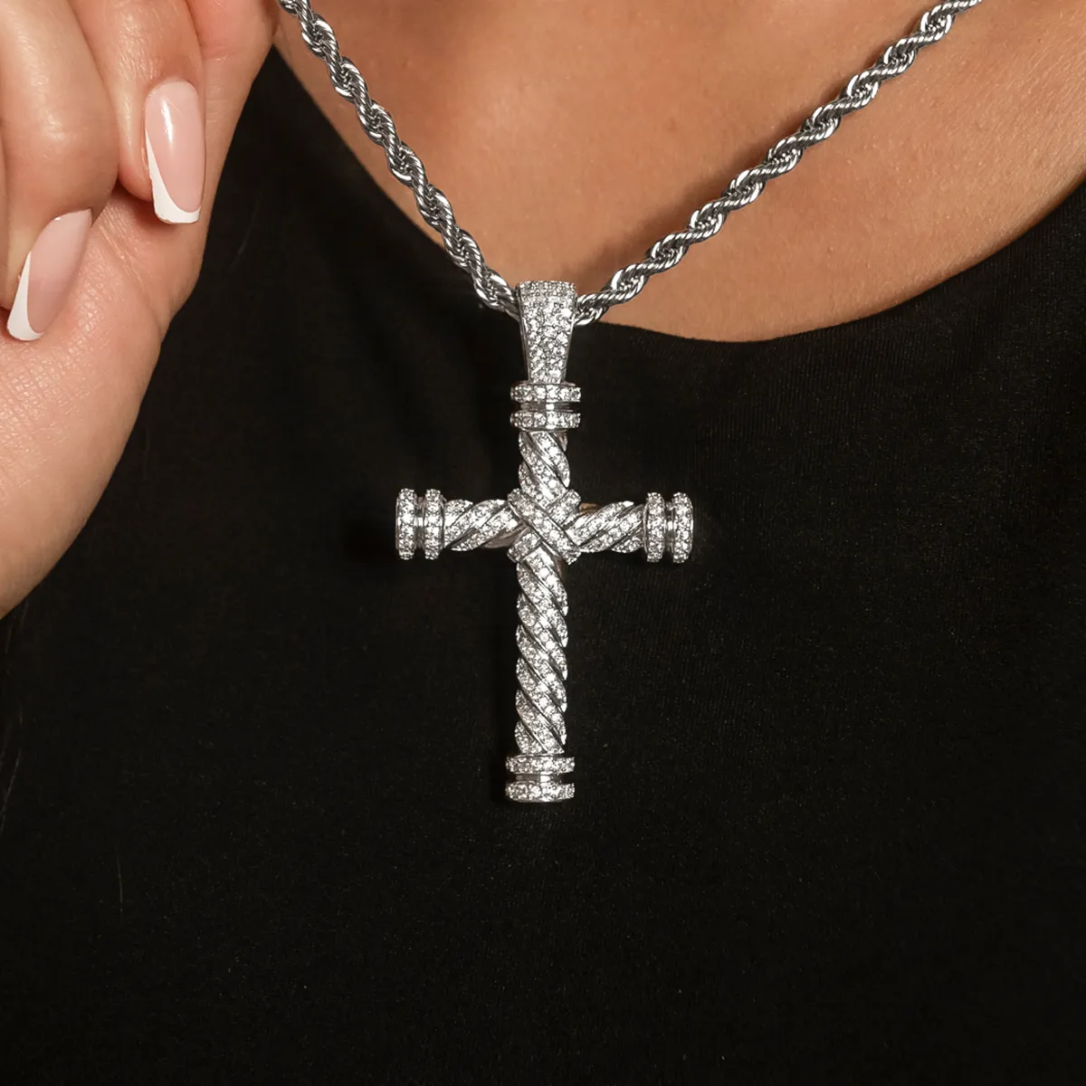 Diamond Rope Cross Pendant in White Gold