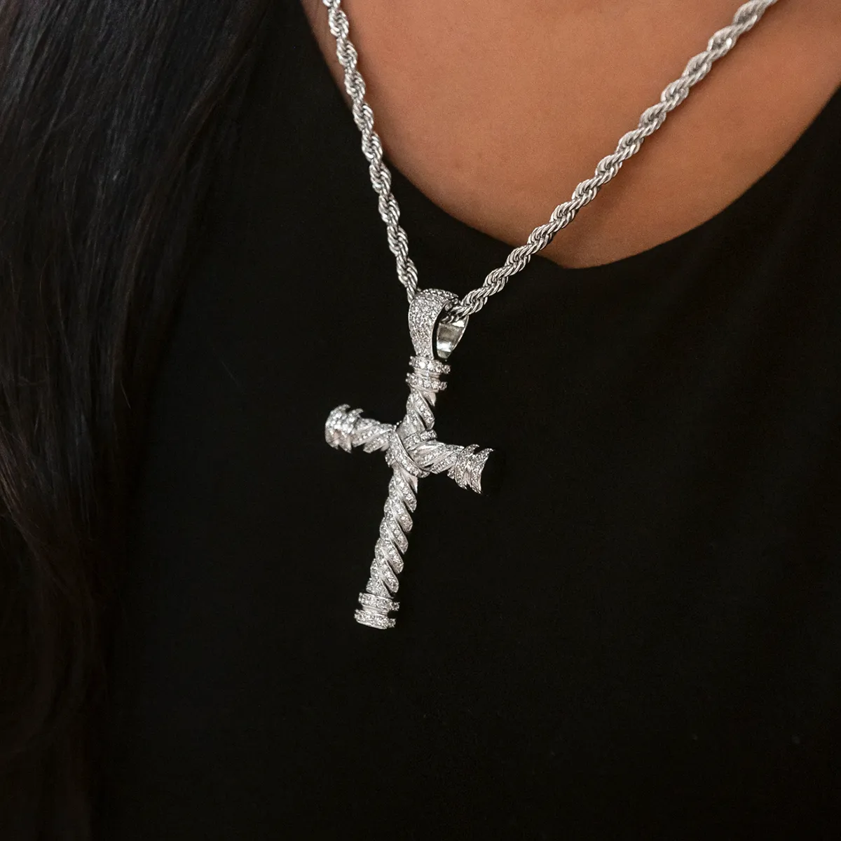 Diamond Rope Cross Pendant in White Gold