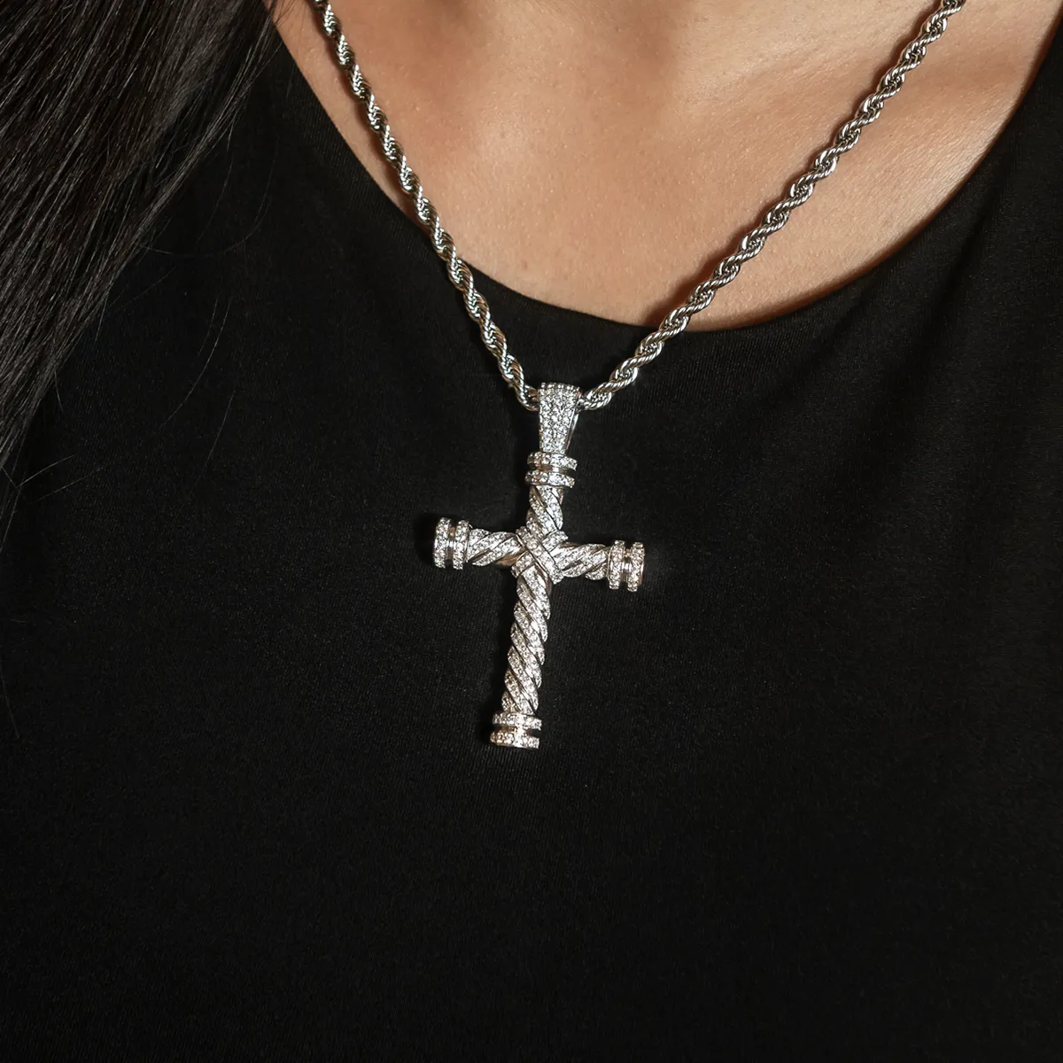 Diamond Rope Cross Pendant in White Gold