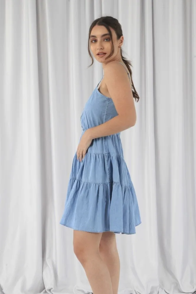 Double Second Blue Tiered Strappy Chambray Denim Dress