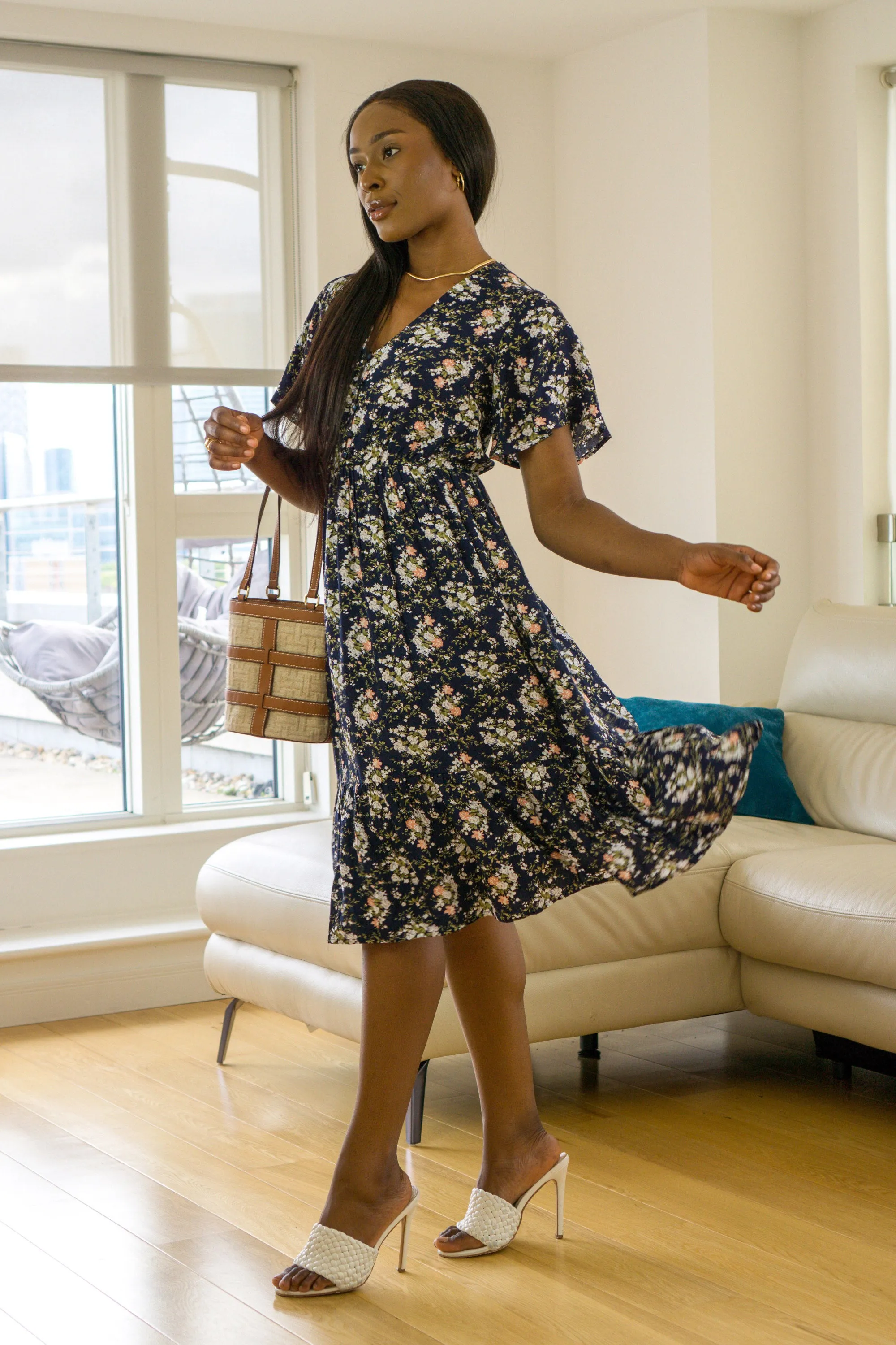 Double Second Navy Floral Keyhole Back Tiered Midi Dress