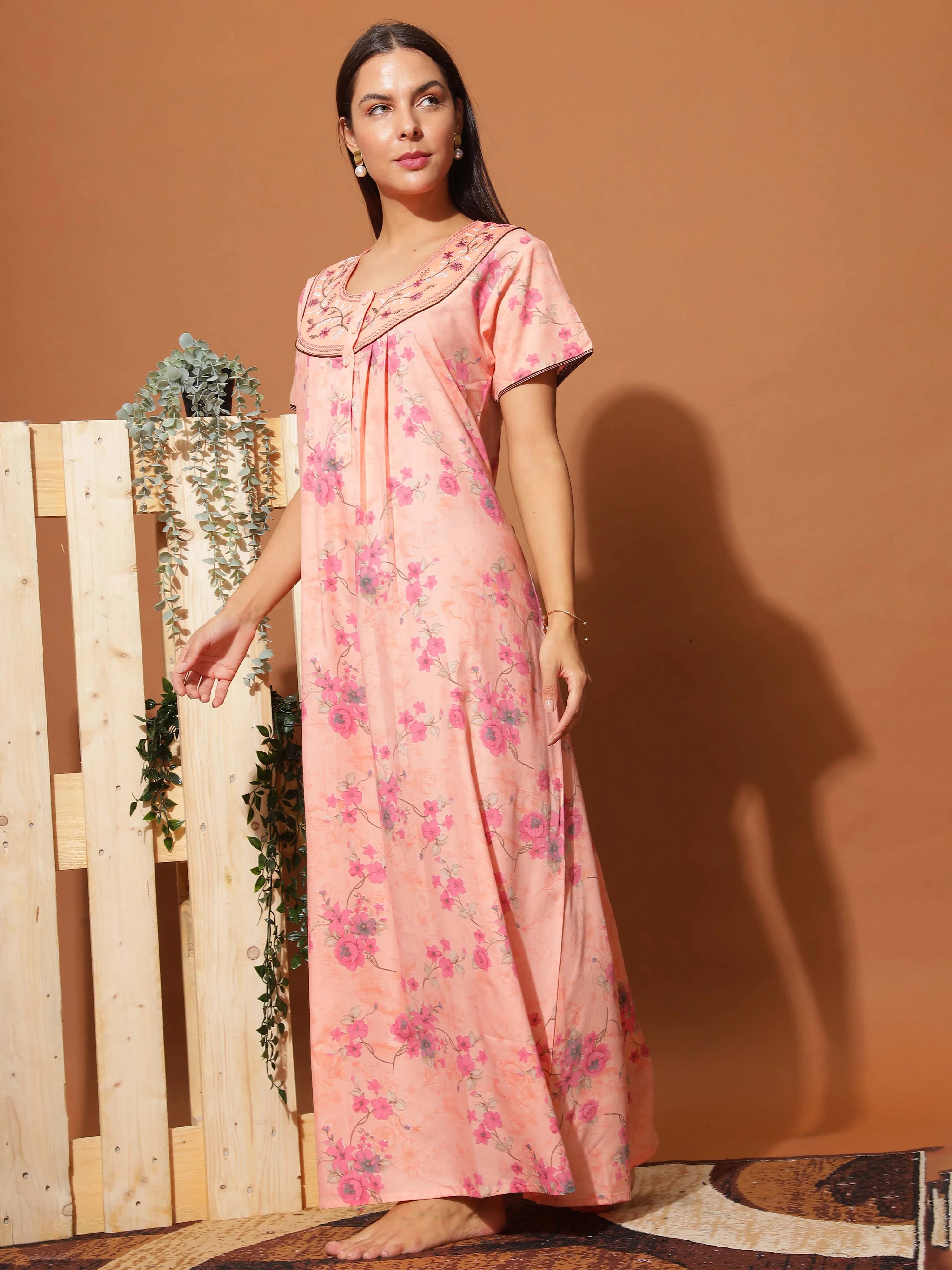 Elegant Peach Pink Floral Maxi Nighty with Front Buttons & Pocket