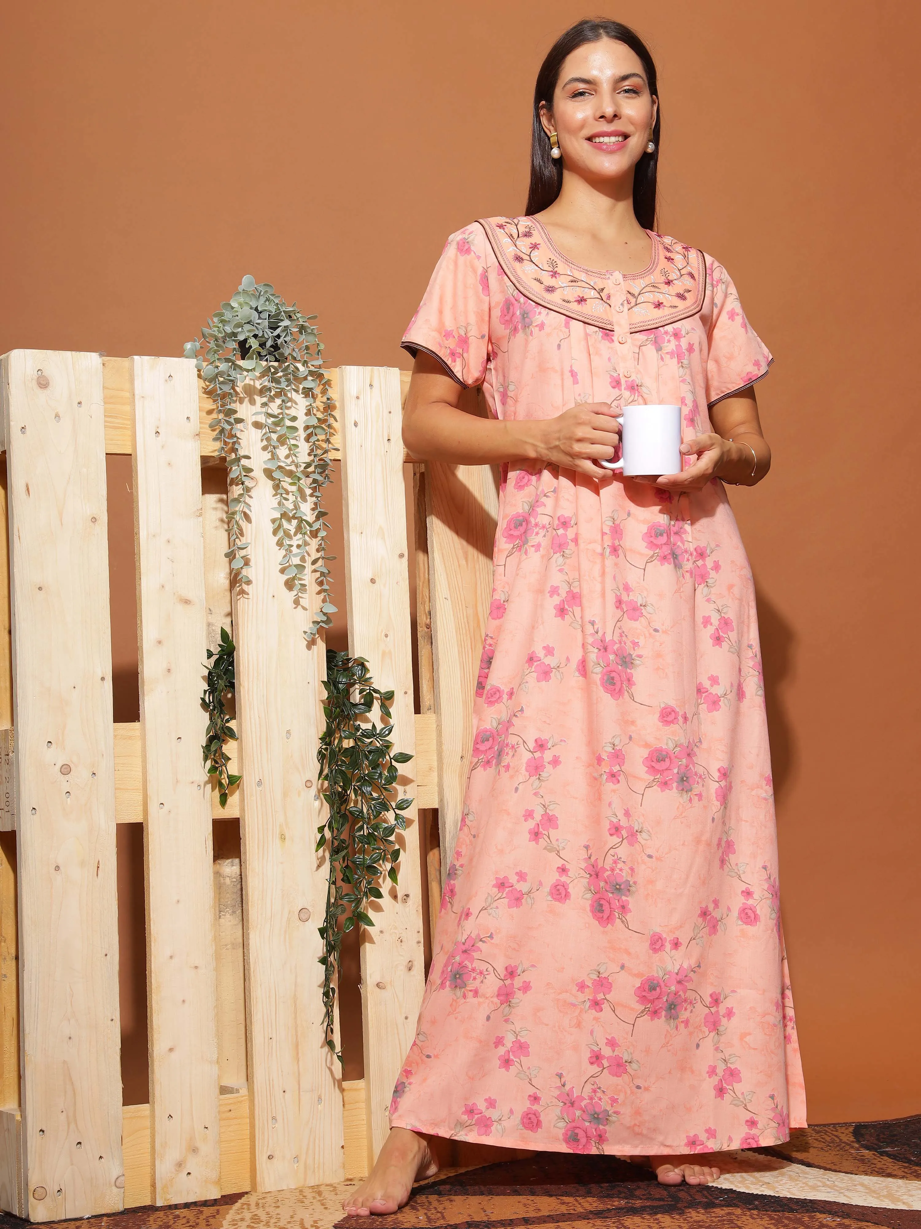 Elegant Peach Pink Floral Maxi Nighty with Front Buttons & Pocket