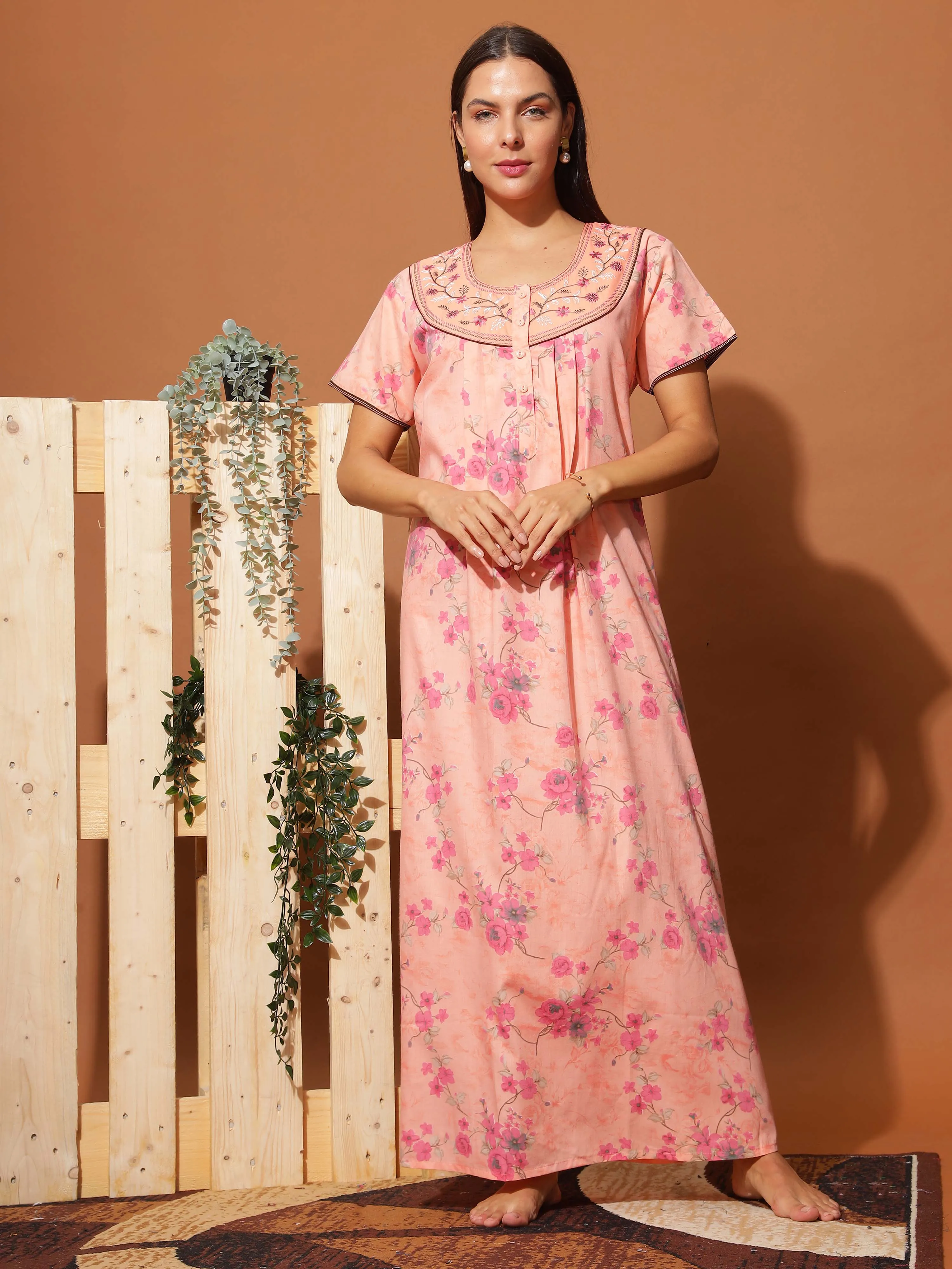 Elegant Peach Pink Floral Maxi Nighty with Front Buttons & Pocket