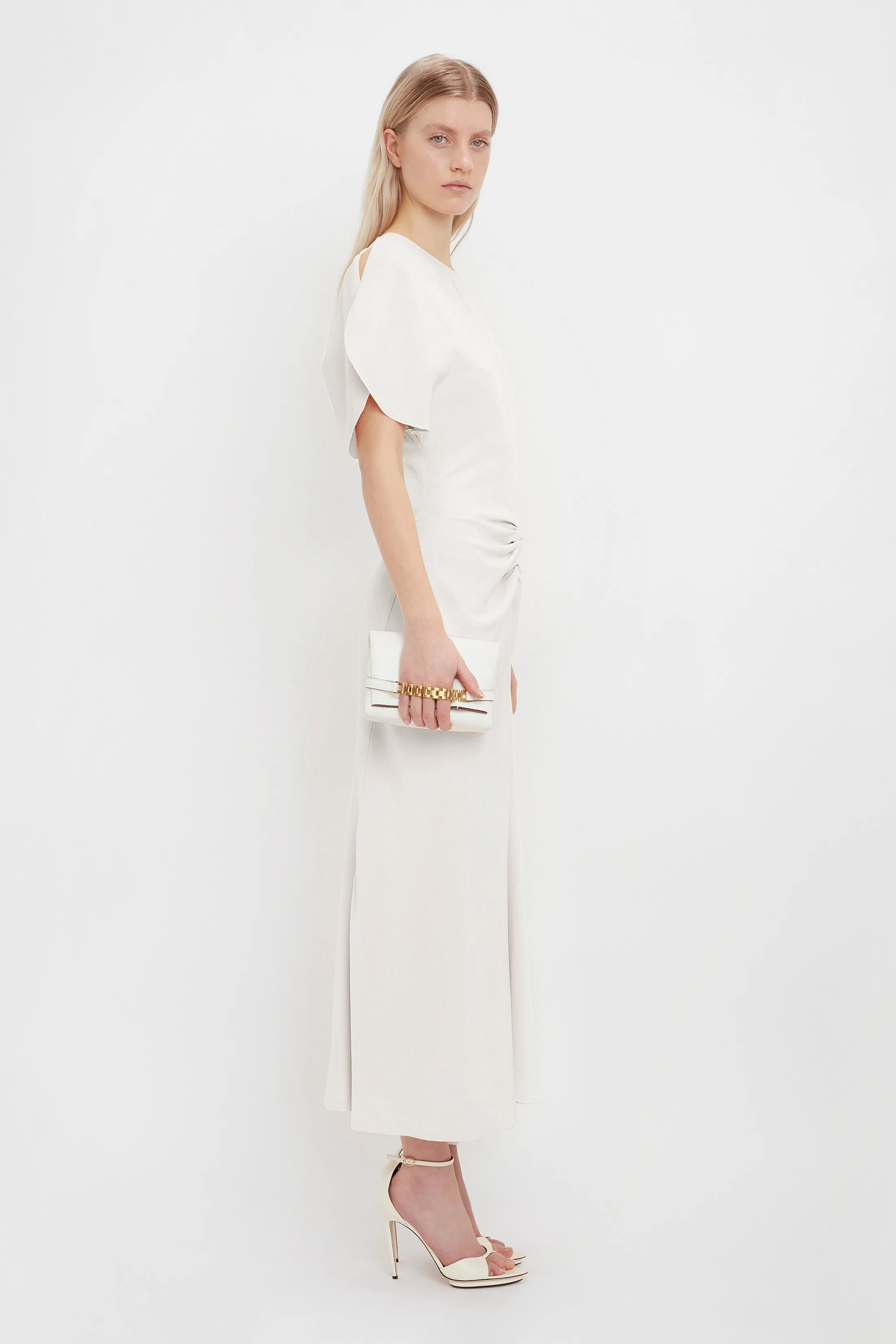 Exclusive Gathered Waist Midi Dress In Ivory