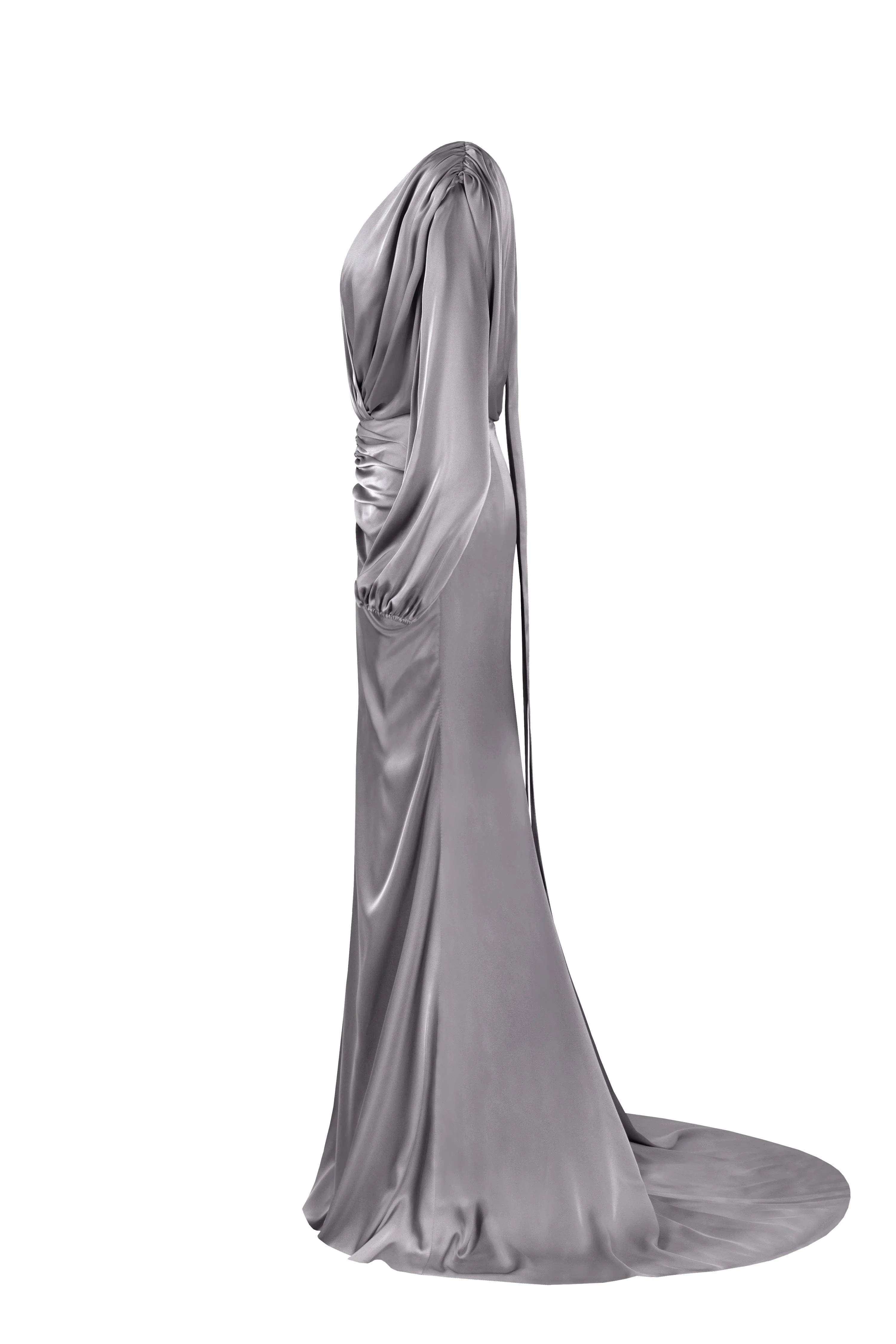 Fancy silver silk maxi evening dress