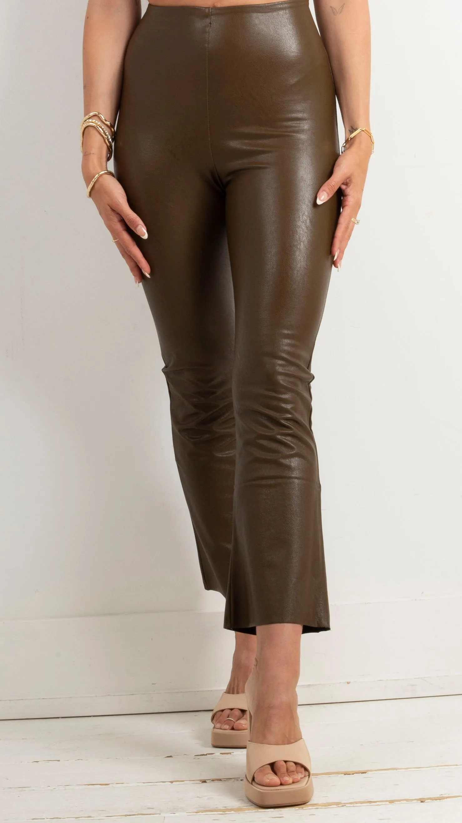 Faux Leather Cropped Flare - Cadet