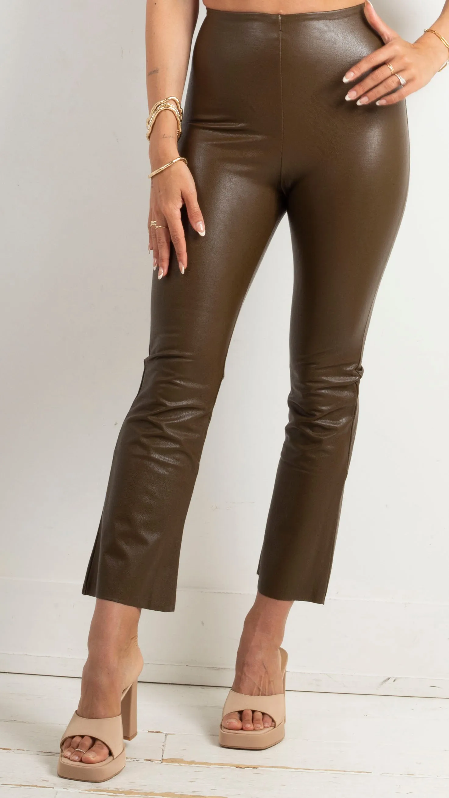 Faux Leather Cropped Flare - Cadet