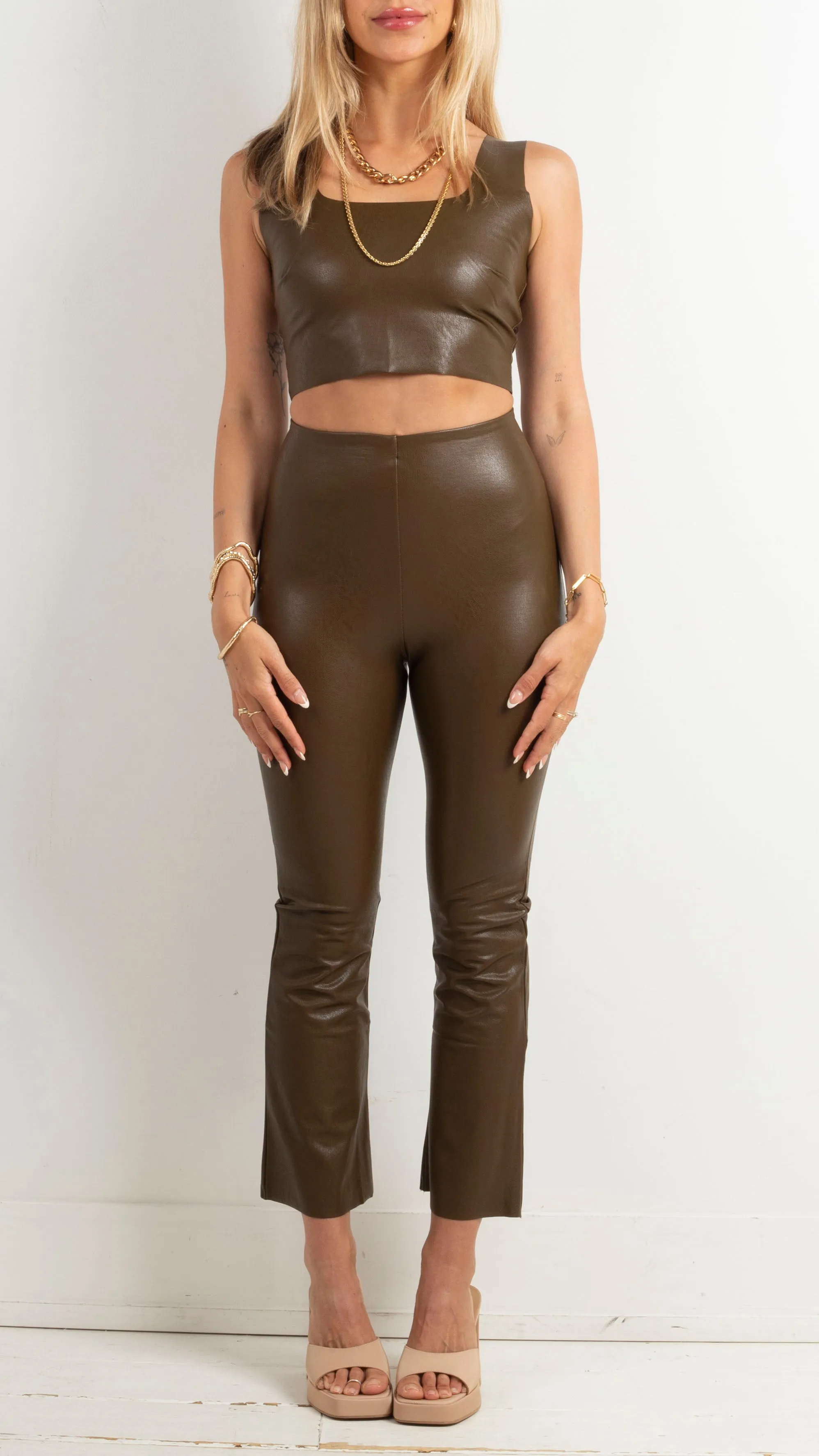 Faux Leather Cropped Flare - Cadet