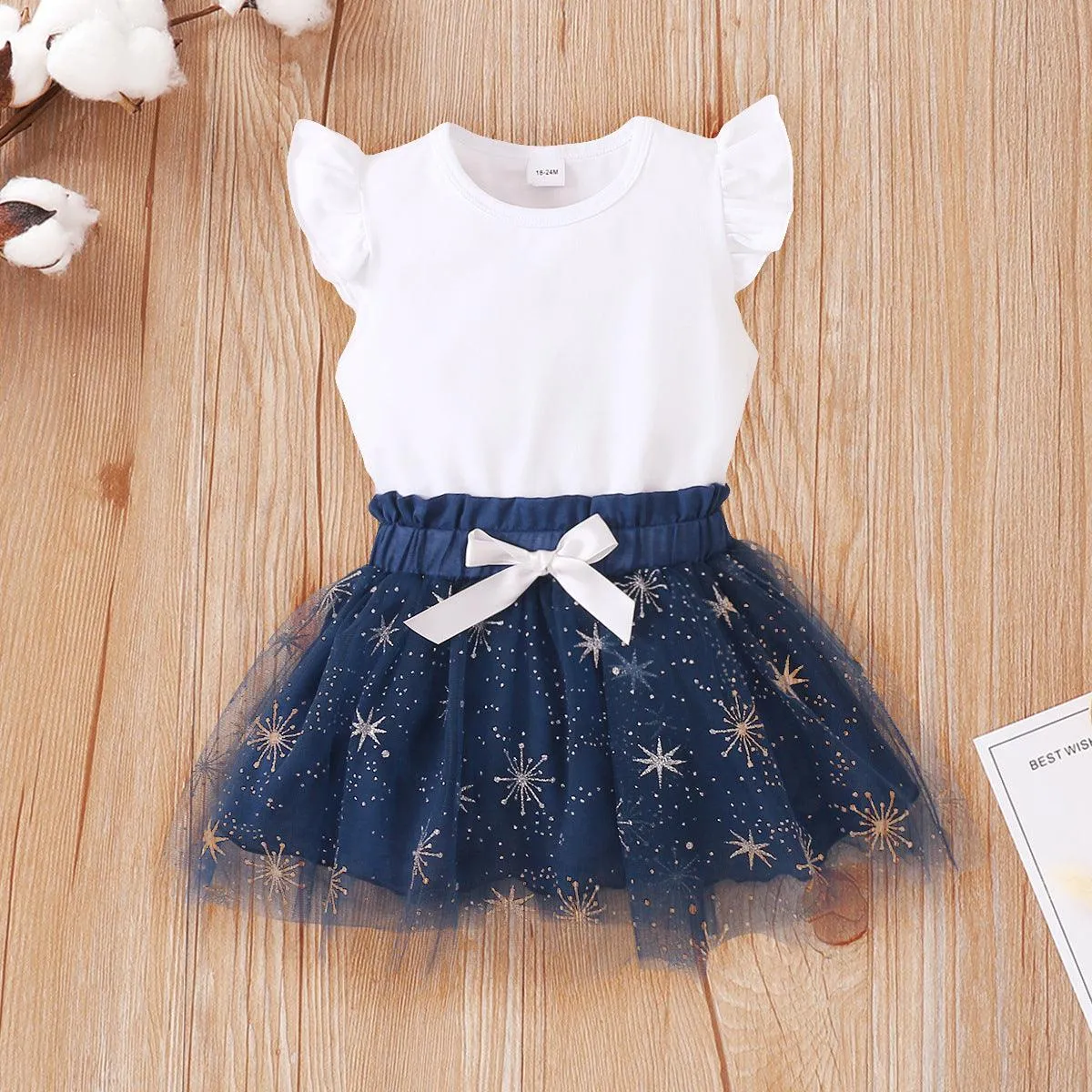 Flying Sleeve Patchwork Snowflake Mesh Skirt Suit