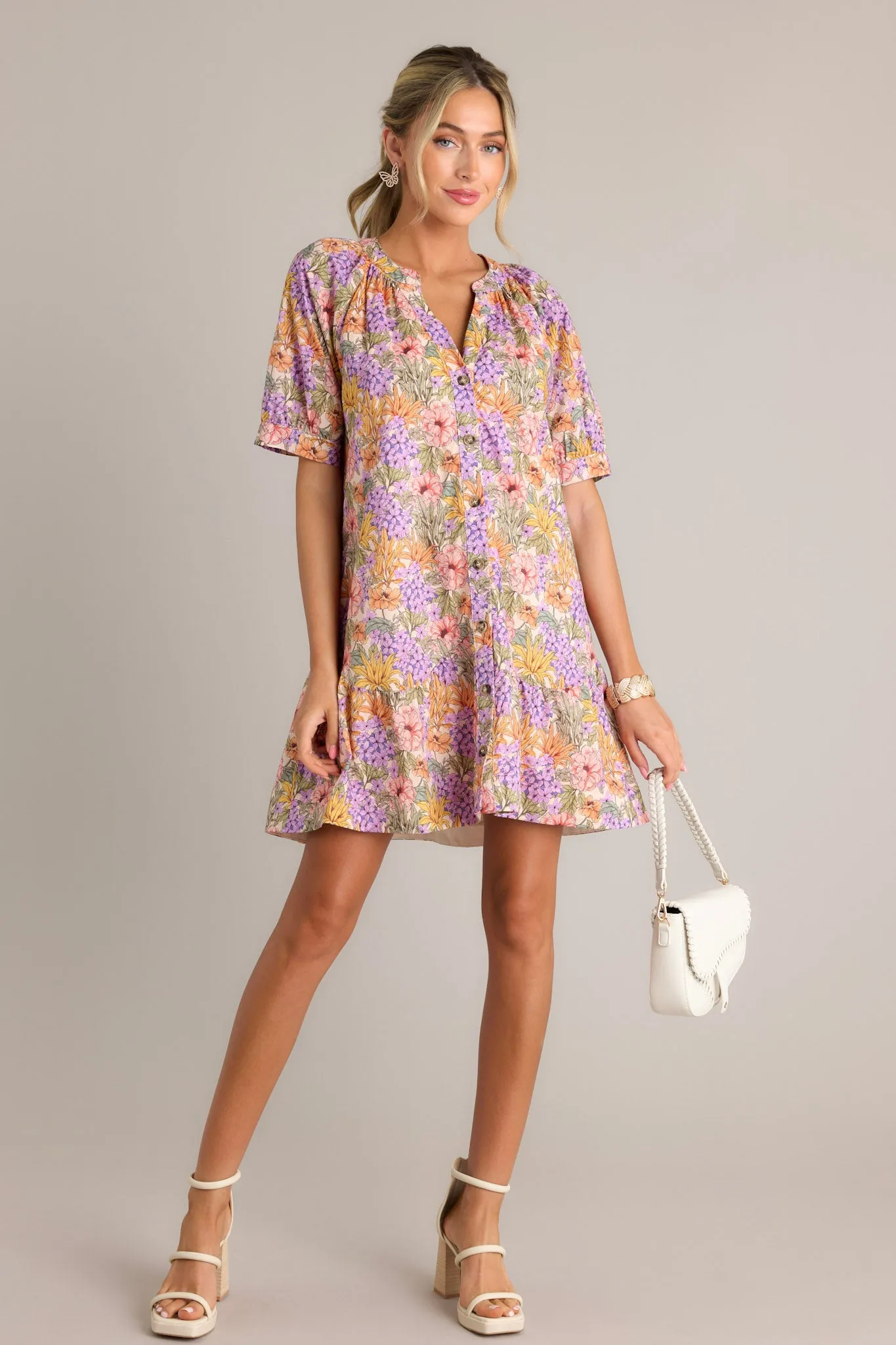 Garden Glow 100% Cotton Lavender Mini Shirt Dress