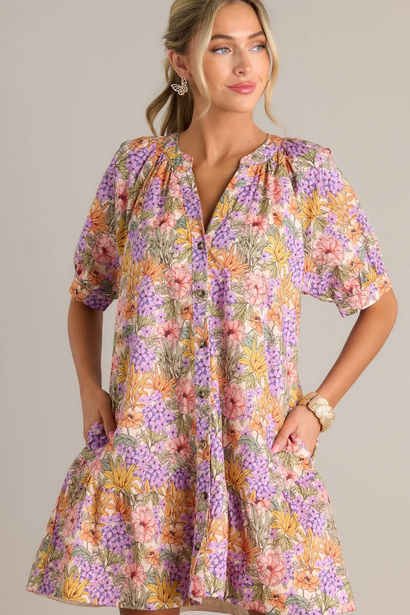 Garden Glow 100% Cotton Lavender Mini Shirt Dress