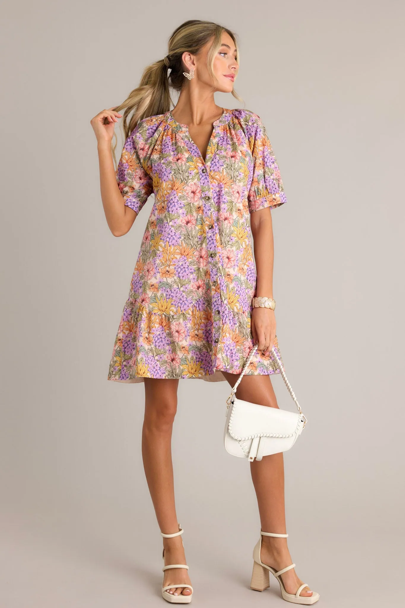 Garden Glow 100% Cotton Lavender Mini Shirt Dress