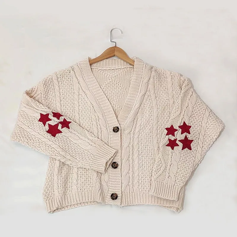 Getadme Fashion Warm Swif T Beige Holiday Cardigan Women Cardigan Autumn Tay Women Star Embroidered Cardigan Lor V-neck Knitted Sweater