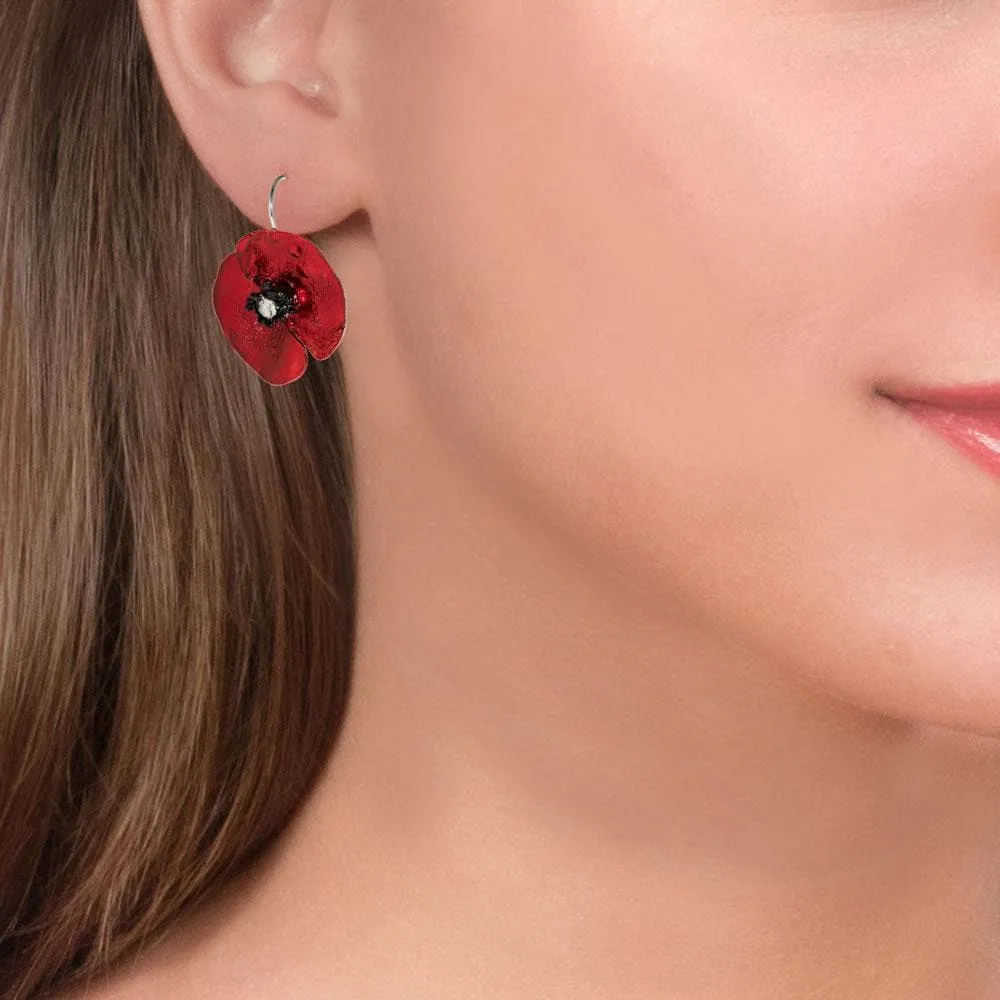 Handmade Silver Red Poppy Flower Impressive Short Drop Earrings