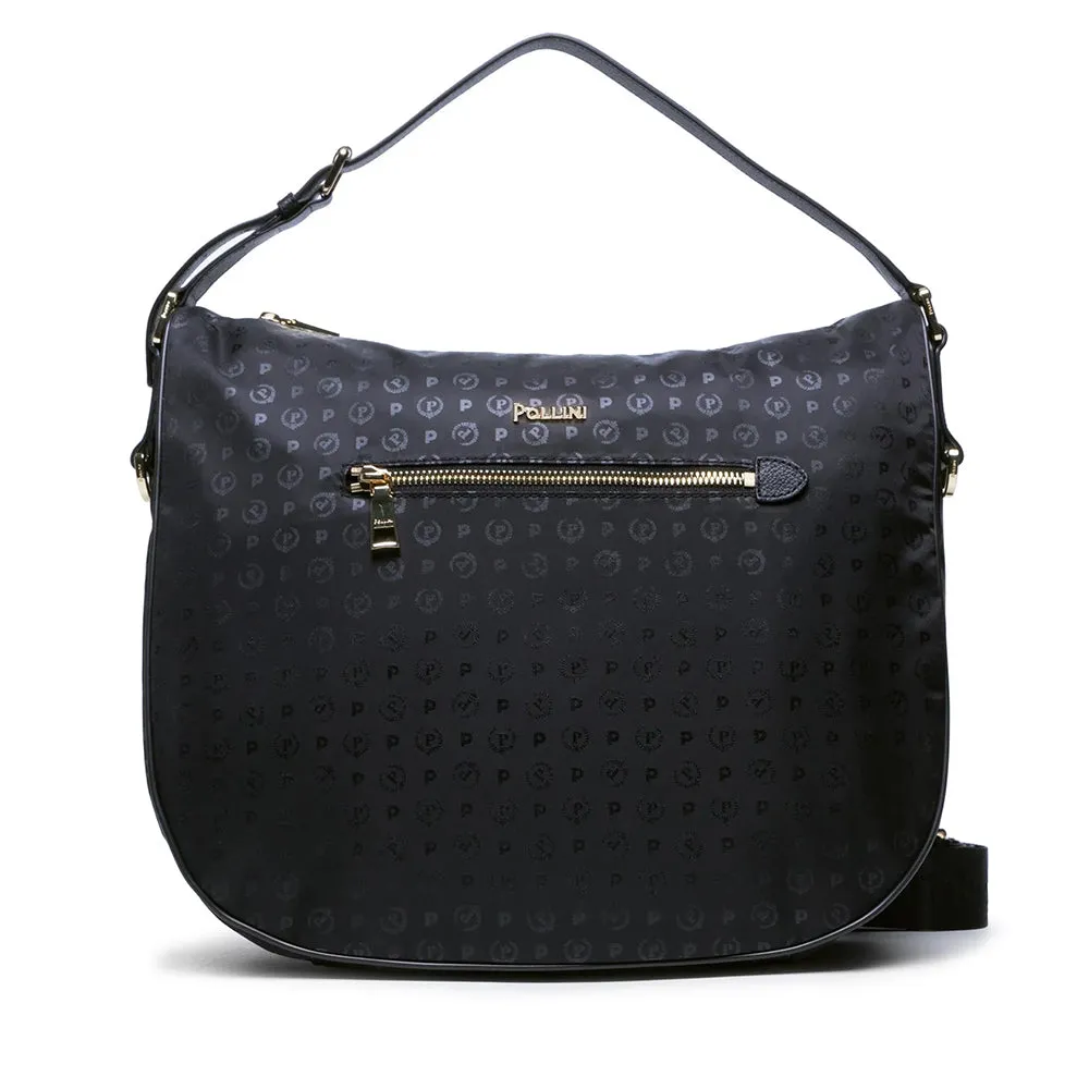 Hobo Bag con Tracolla POLLINI linea Heritage Logo Soft in Tessuto Nero e Nero