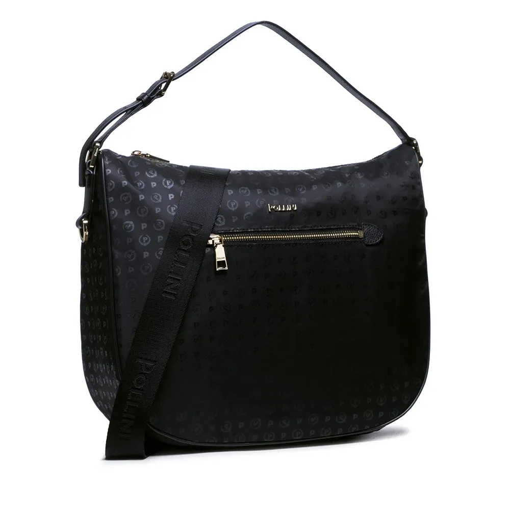 Hobo Bag con Tracolla POLLINI linea Heritage Logo Soft in Tessuto Nero e Nero