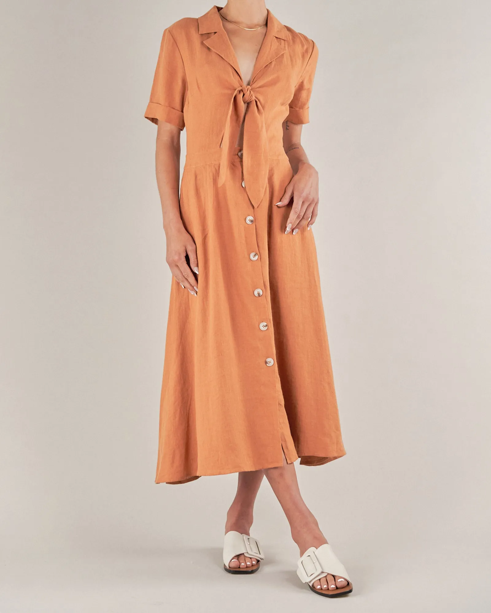 Ines Linen Tie Front Dress - Burnt Orange