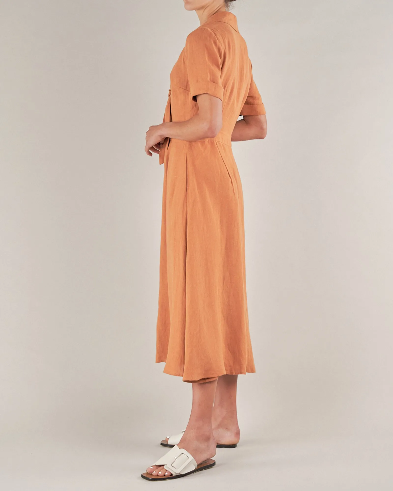 Ines Linen Tie Front Dress - Burnt Orange