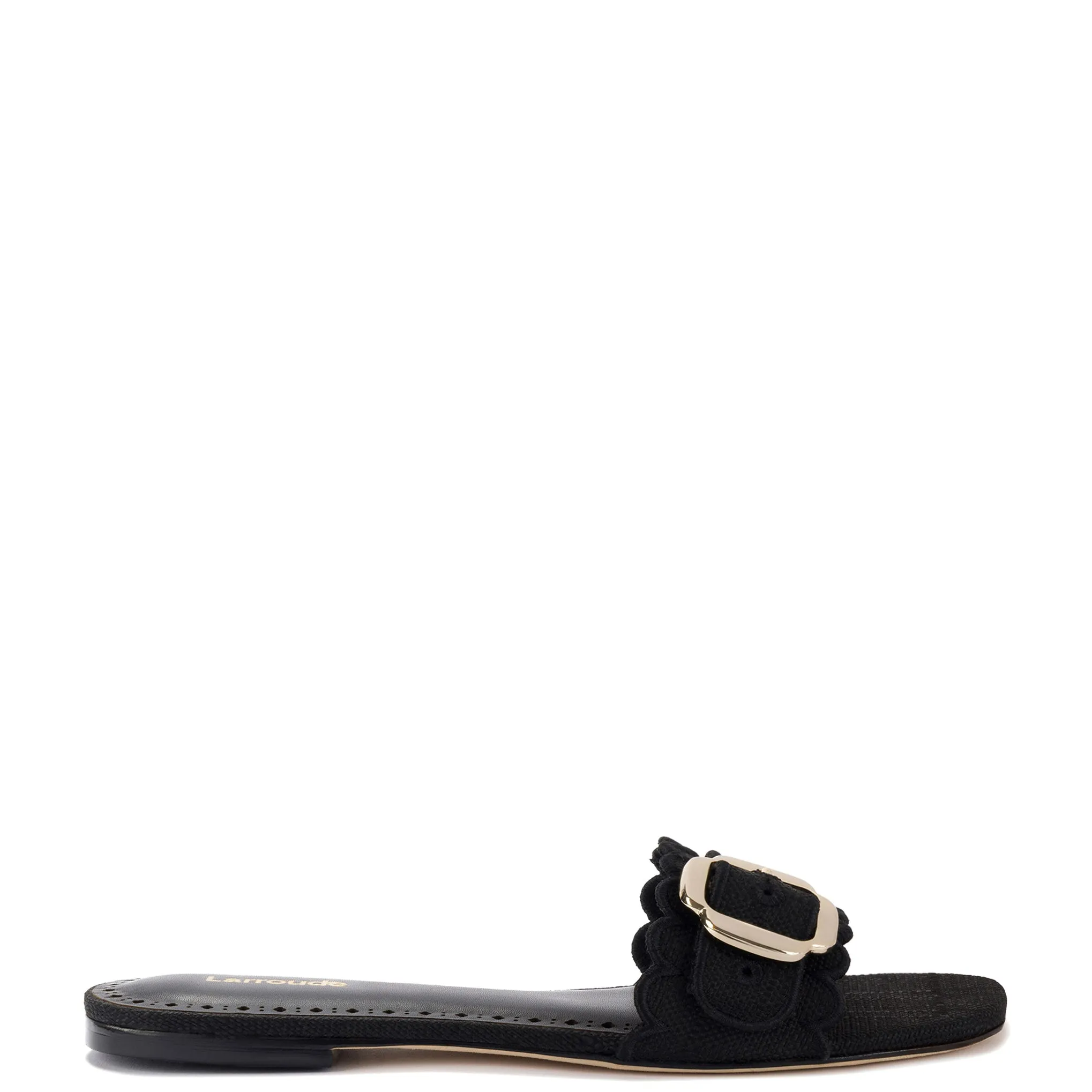 Ivy Broderie Flat Mule In Black Raffia