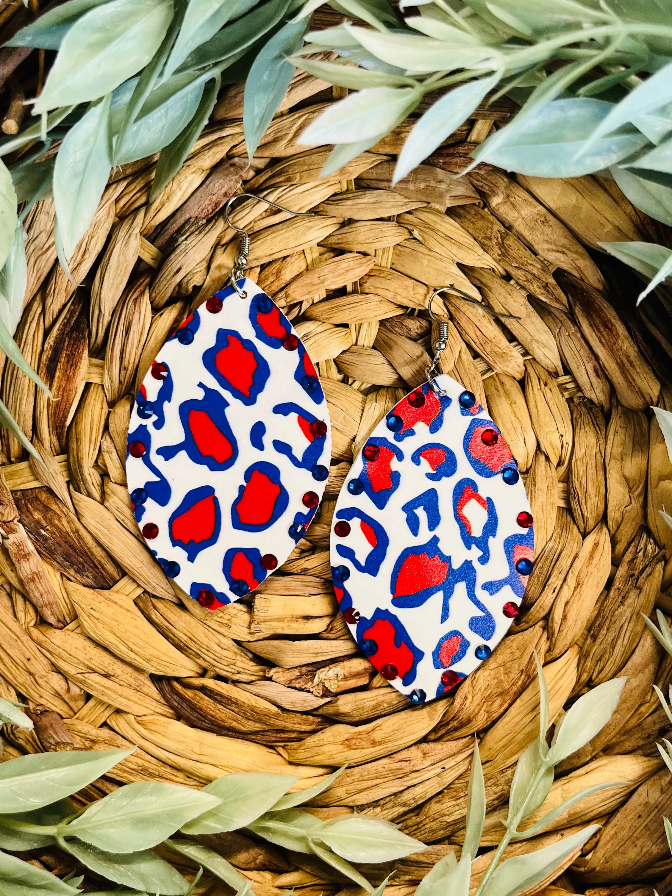 Jackie Leopard Earrings   Red, White & Blue