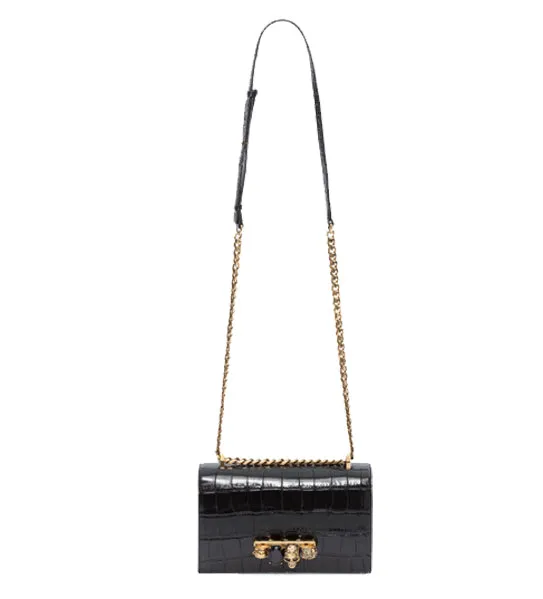 Jewelled Knuckle Satchel Glossy Croc, Black/Gold