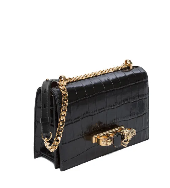 Jewelled Knuckle Satchel Glossy Croc, Black/Gold