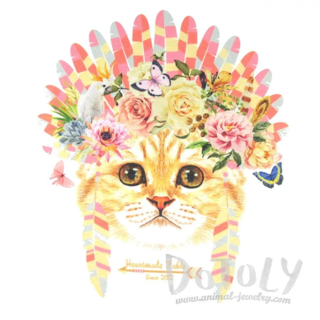 Kitty Cat in a Floral Feather Headdress Graphic Print Tee T-Shirt for Women