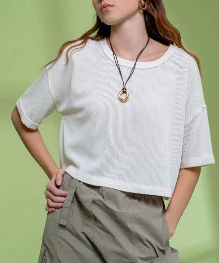 Knit Top with Short Fold Sleeves - Oatmeal