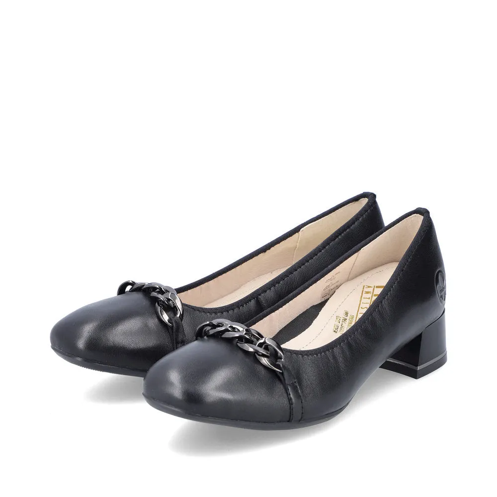 Ladies Black Leather Rieker Shoes Low Heel Court 45069-00