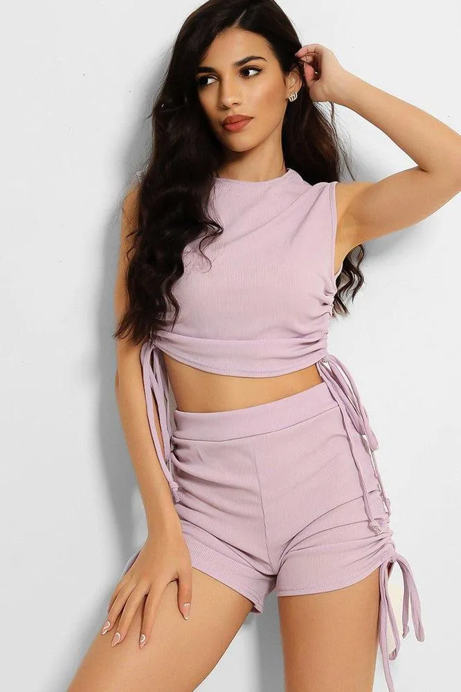 Lilac Ribbed Drawstring Ties Sleeveless Top And Shorts Set