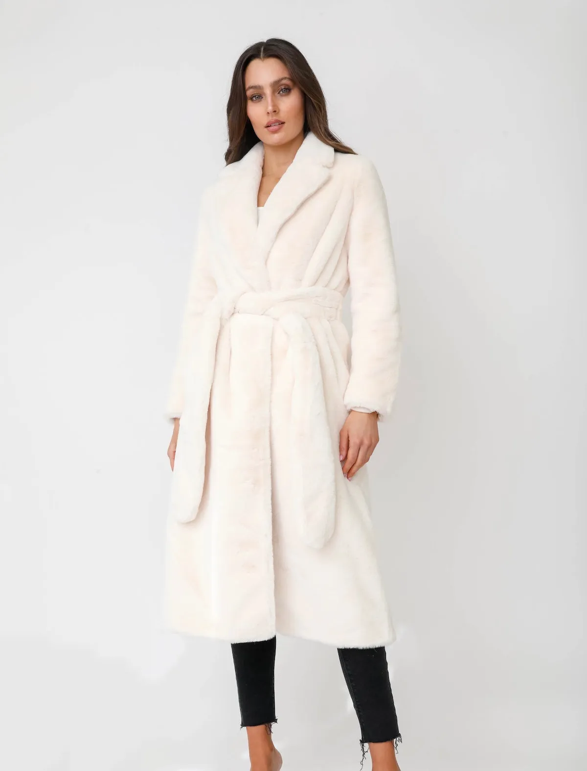 Loren Faux Chinchilla Fur Wrap Collar Coat w/ Belt - White