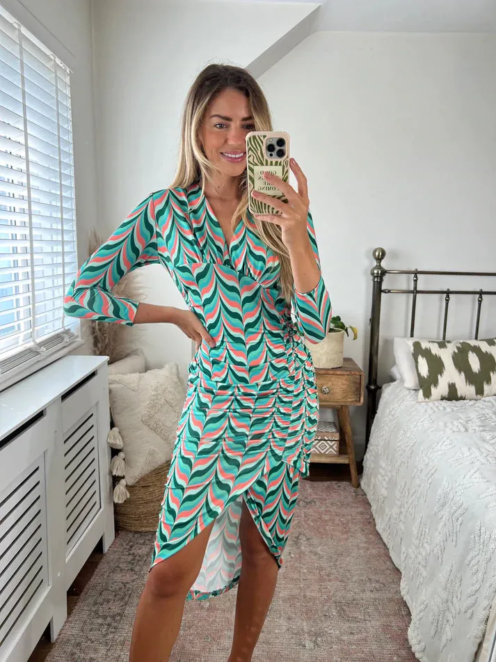 Love And Joy London Midi Wrap Dress In Green Print