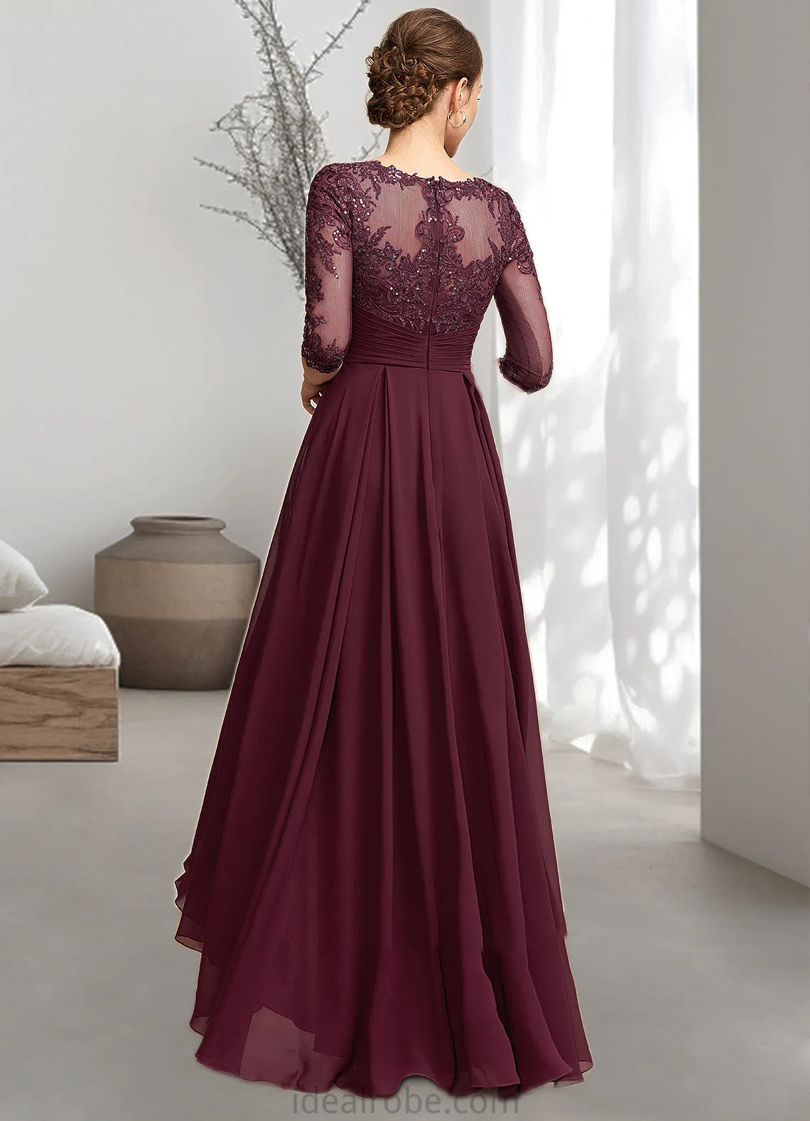 Lucille A-Line Scoop Neck Asymmetrical Chiffon Lace Mother of the Bride Dress With Ruffle Sequins STK126P0014765