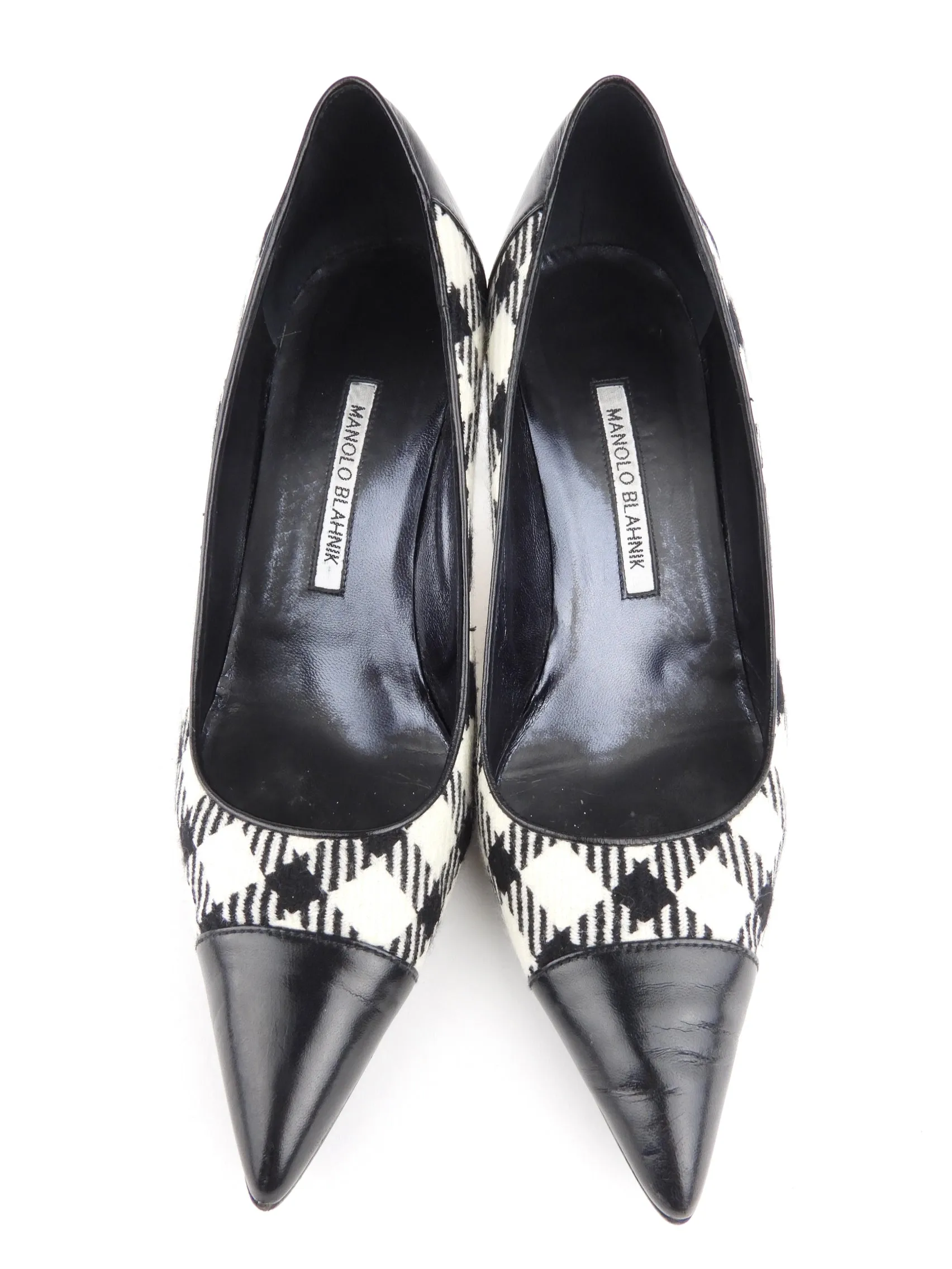 Manolo Blahnik Black and White Check and Leather Faggio Cap Toe Pumps - 40.5