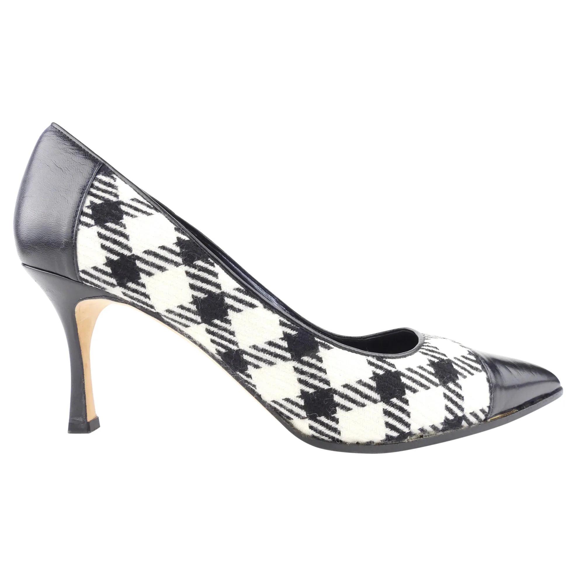 Manolo Blahnik Black and White Check and Leather Faggio Cap Toe Pumps - 40.5