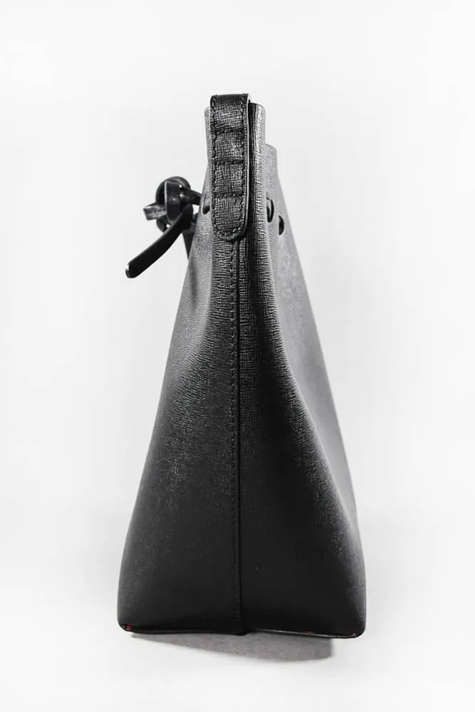 Mansur Gavriel Black Textured Leather Drawstring Bucket Bag w/ Shoulder Strap