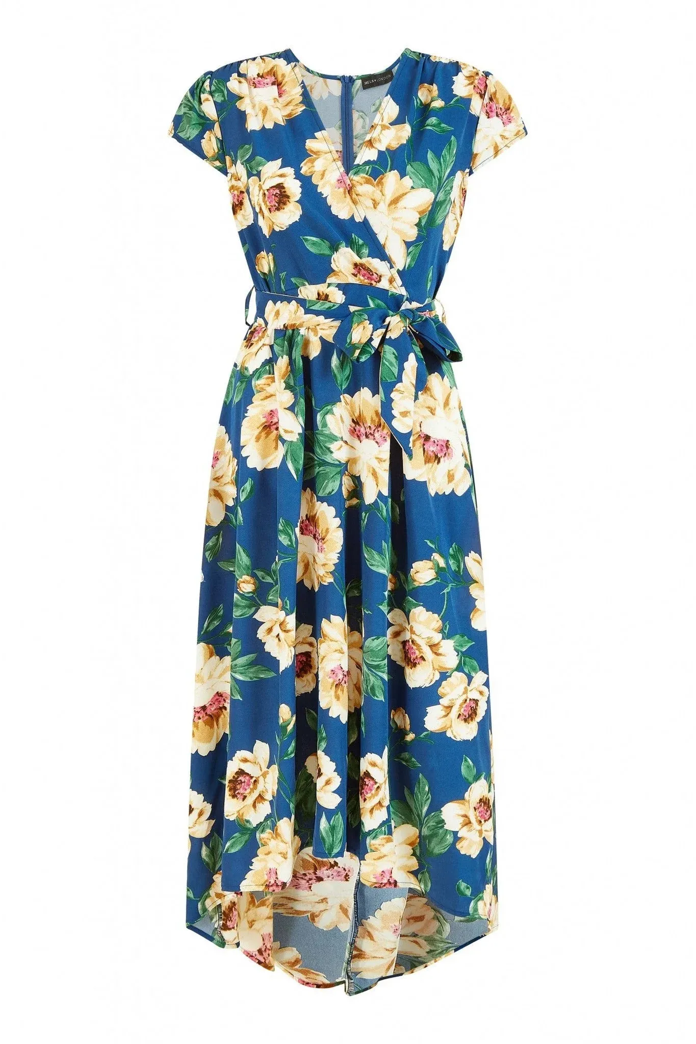 Mela London Blue Painted Floral Print Dipped Hem Wrap Dress