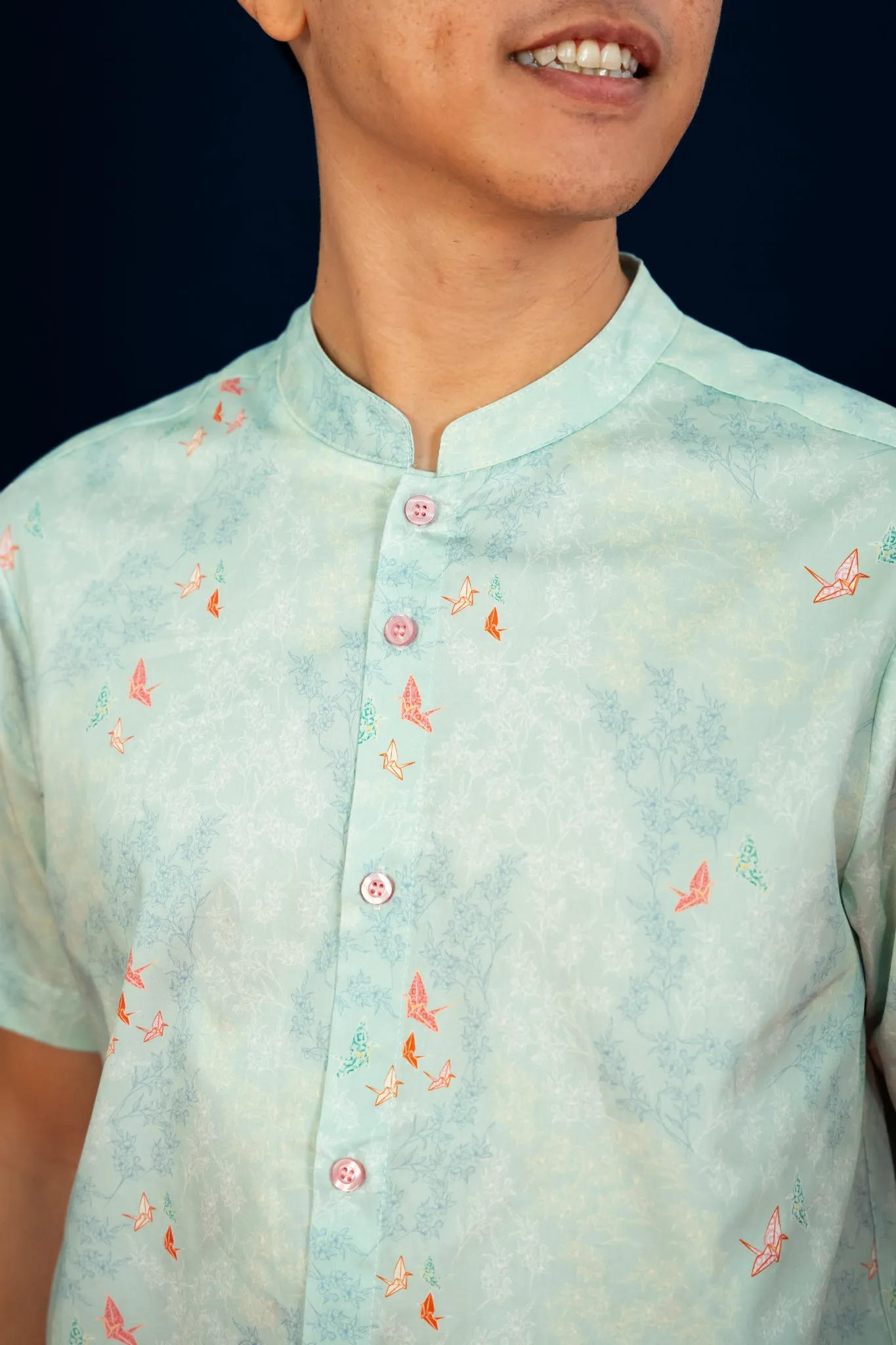 Men's Mandarin-collared Shirt - Teal Cranes