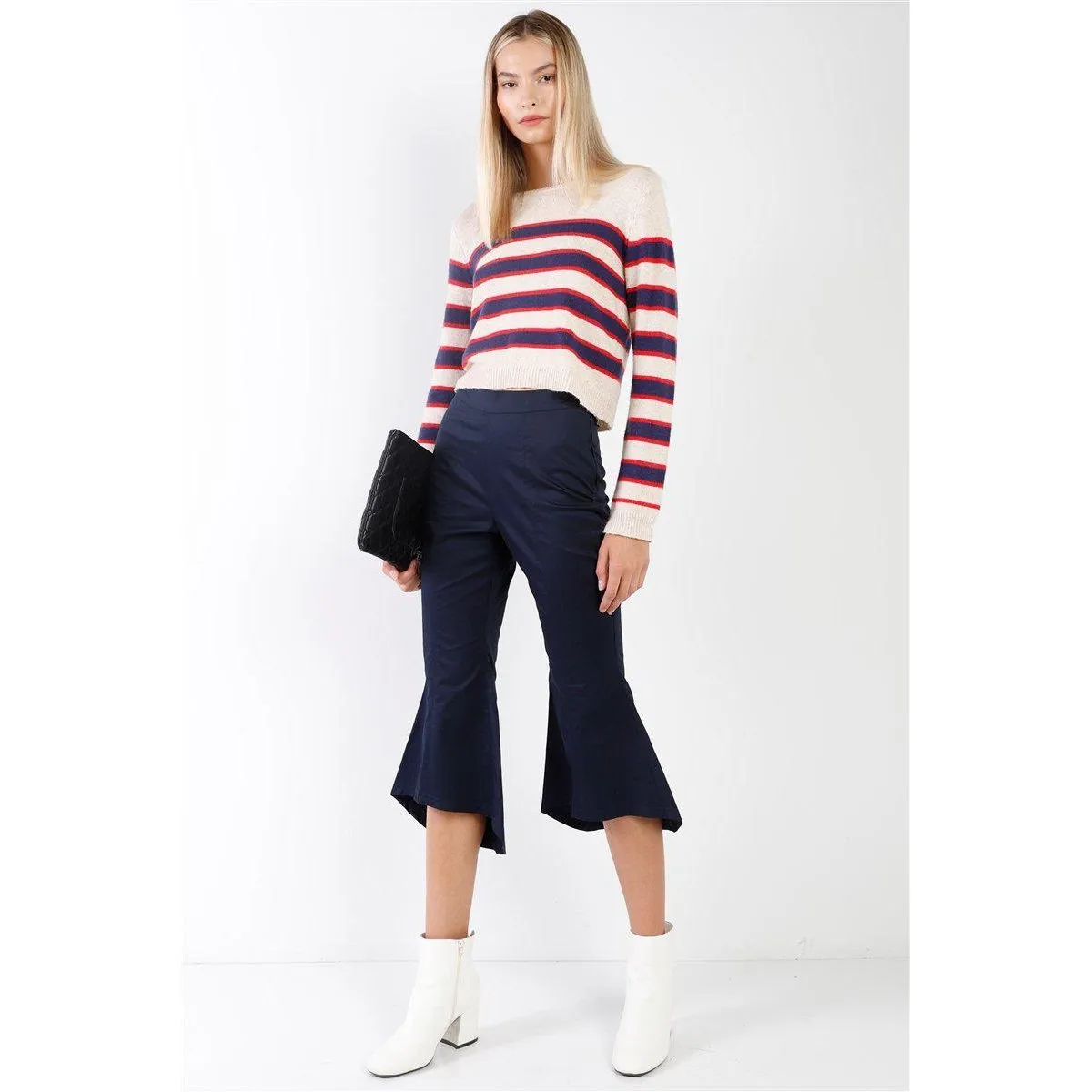 Navy Solid High Waisted Retro Bell Bottom Flare Pants