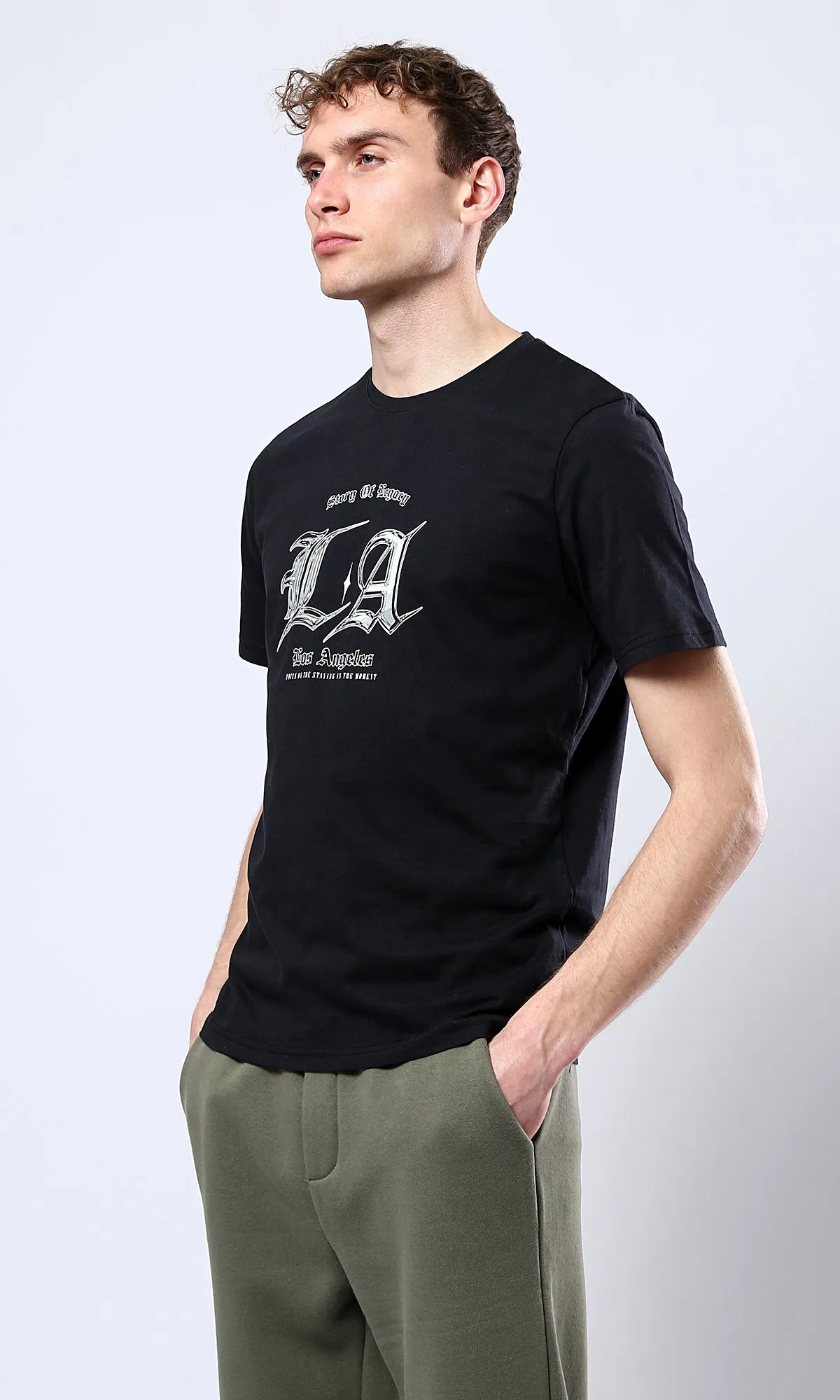 O178960 Los Angeles Short Sleeves Slip On Tee - Black