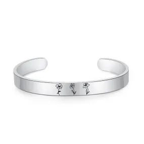 Personalized Engraved 3 Birth Flower Cuff Bracelet