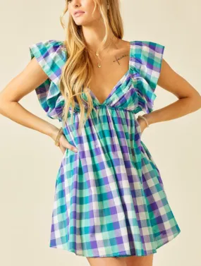 Plaid green/purple multi color mini dress