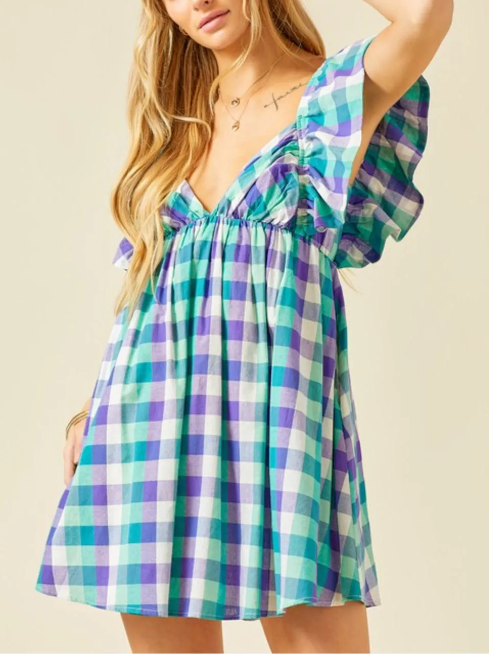 Plaid green/purple multi color mini dress