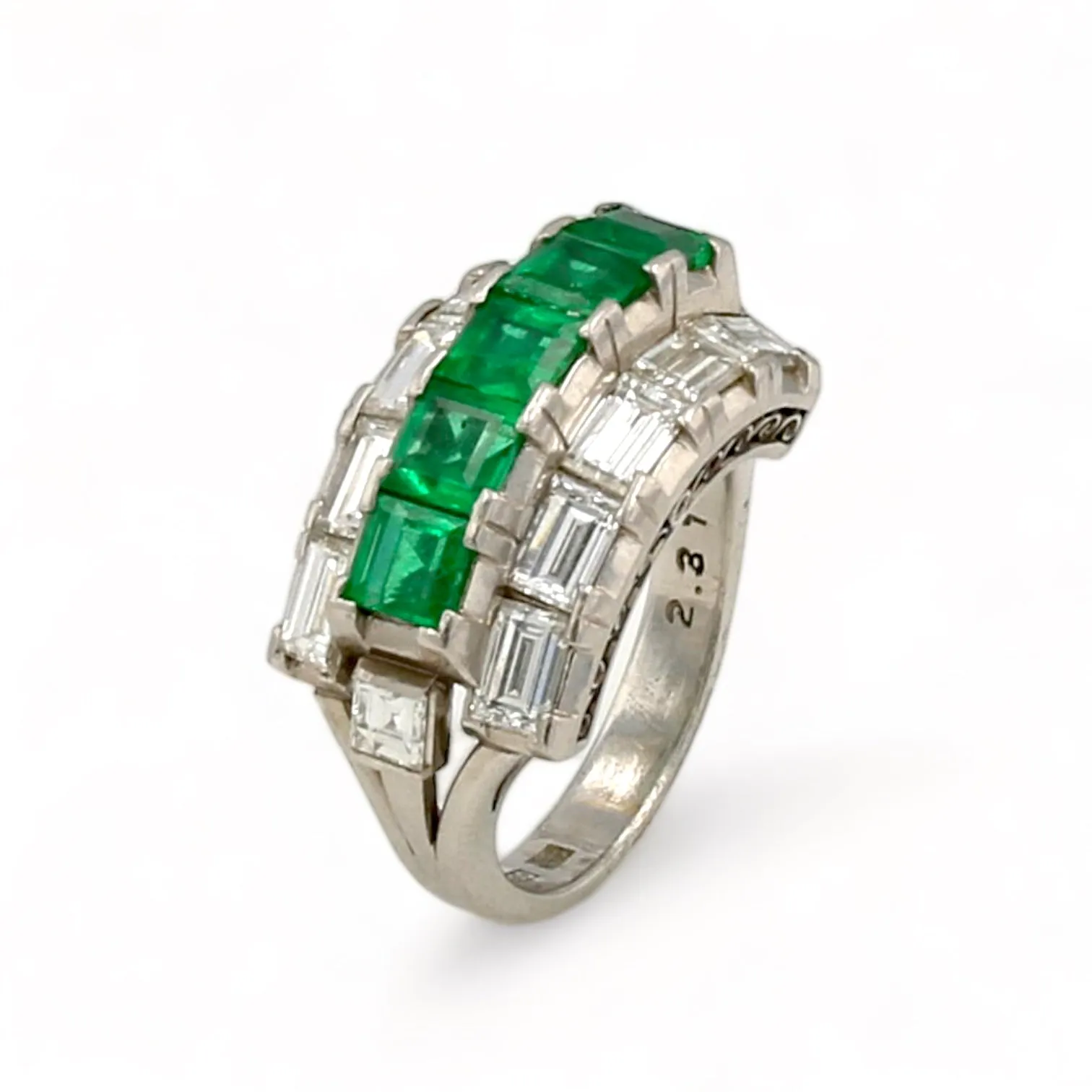 Platinum cocktail wedding ring baguette diamonds and emerald-226620