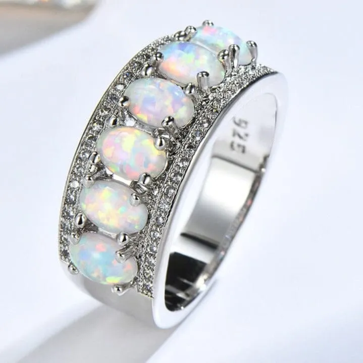 Promise Love Big White Fire Opal Stone Ring - 925 Sterling Silver