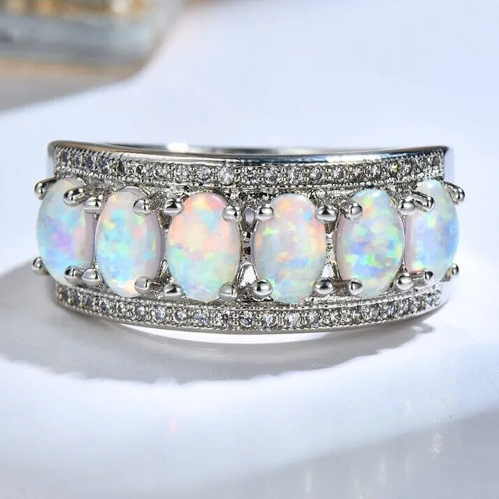 Promise Love Big White Fire Opal Stone Ring - 925 Sterling Silver